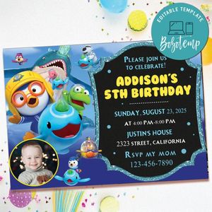 Pororo Birthday Invitation with Photo Customizable Template to Print at Home Instant Download