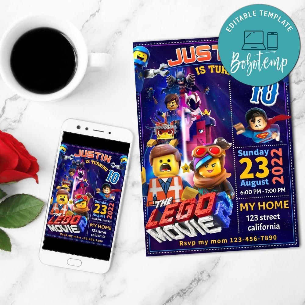 Lego Movie 2 Birthday Mobile Invite Customizable Template Instant Download