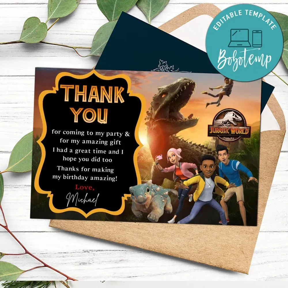 Jurassic World Camp Thank You Card Customizable Template DIY | Bobotemp