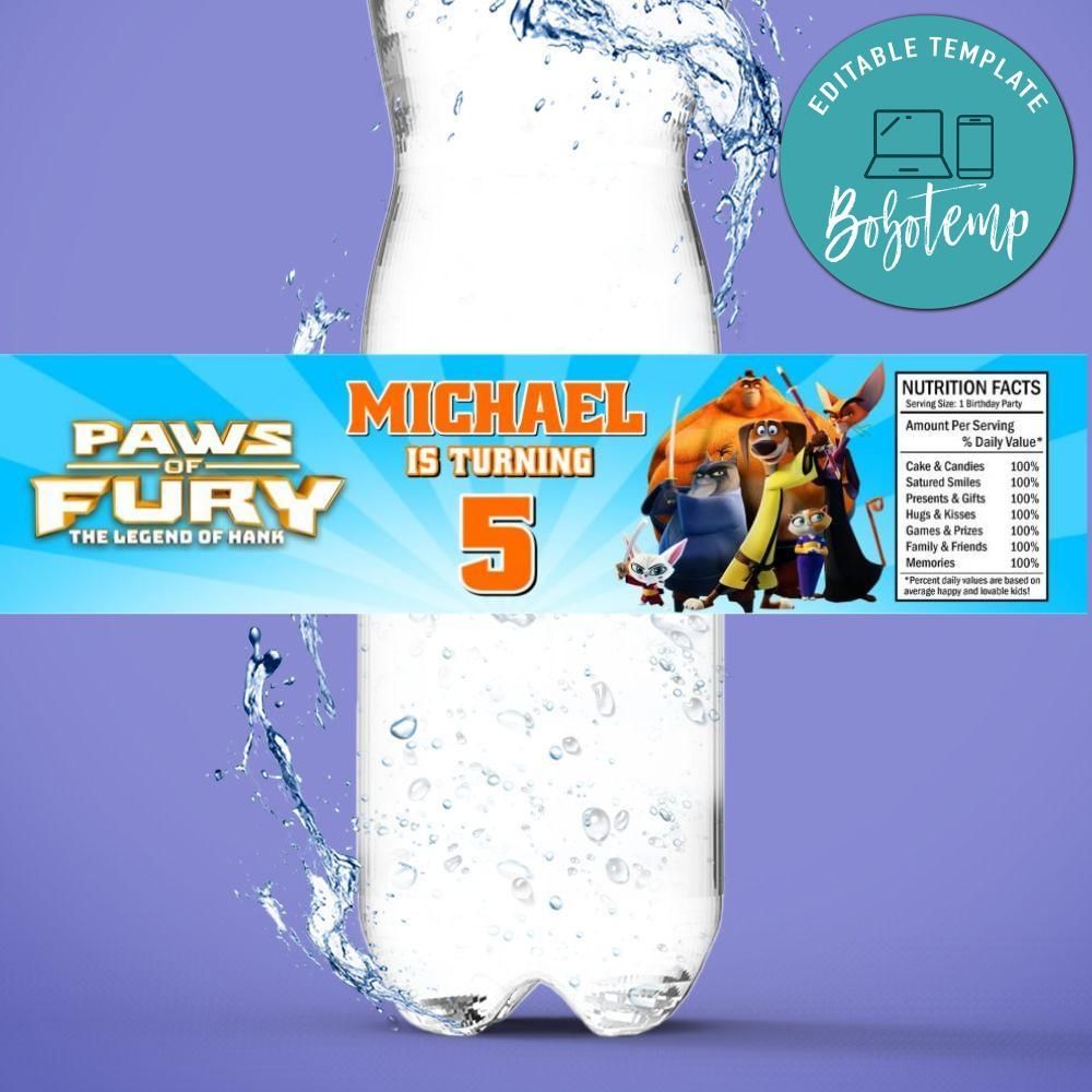 Paws of fury Birthday Water Bottle Label Template to Print at Home Instant Download