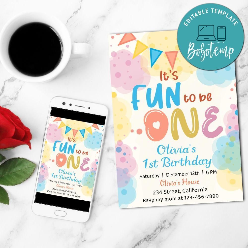 It's fun to be one Invitation Customizable Template to Print at Home Instant Download