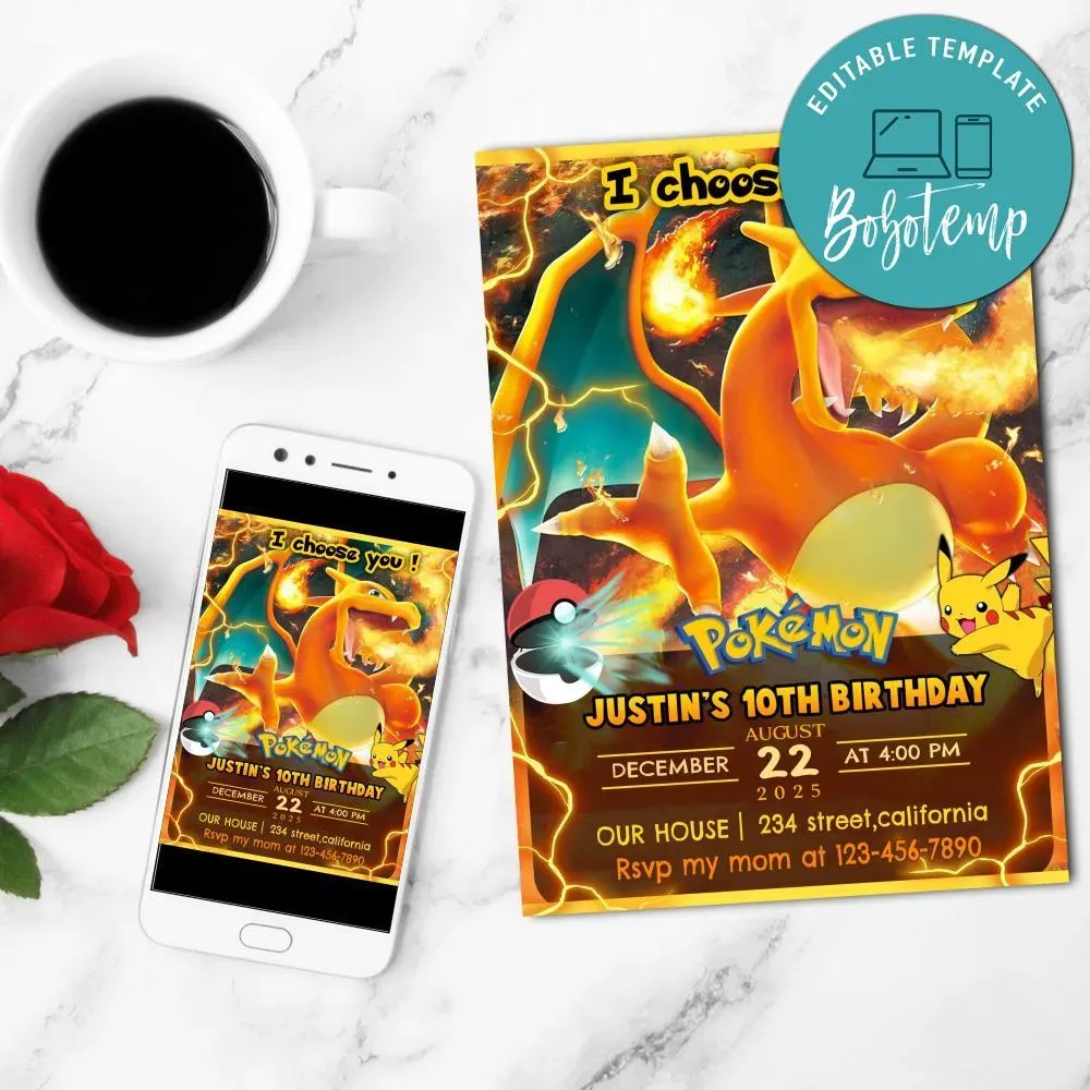 Charizard Invitation Customizable Template | Bobotemp Shop