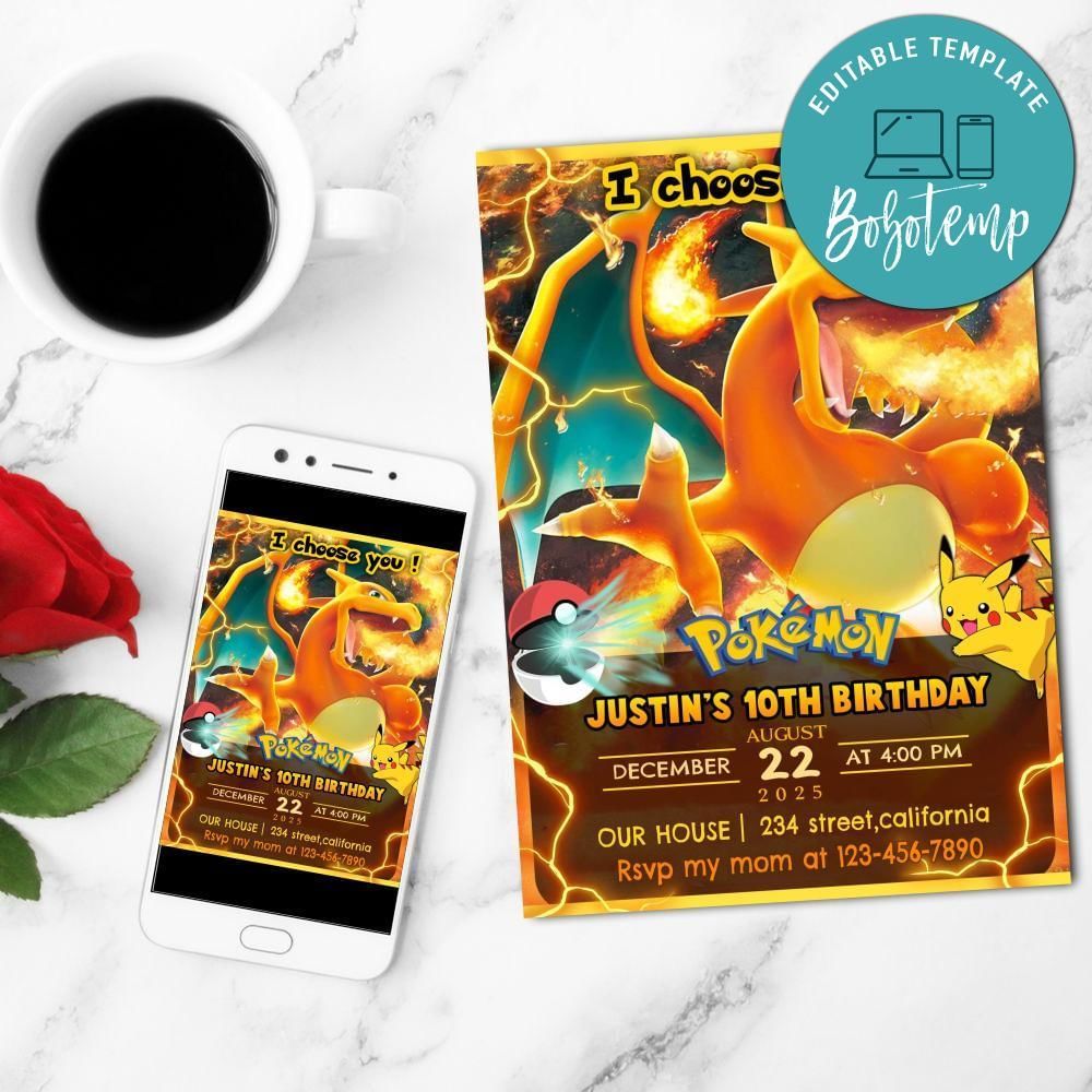 Charizard Birthday Invitation Customizable Template to Print at Home Instant Download