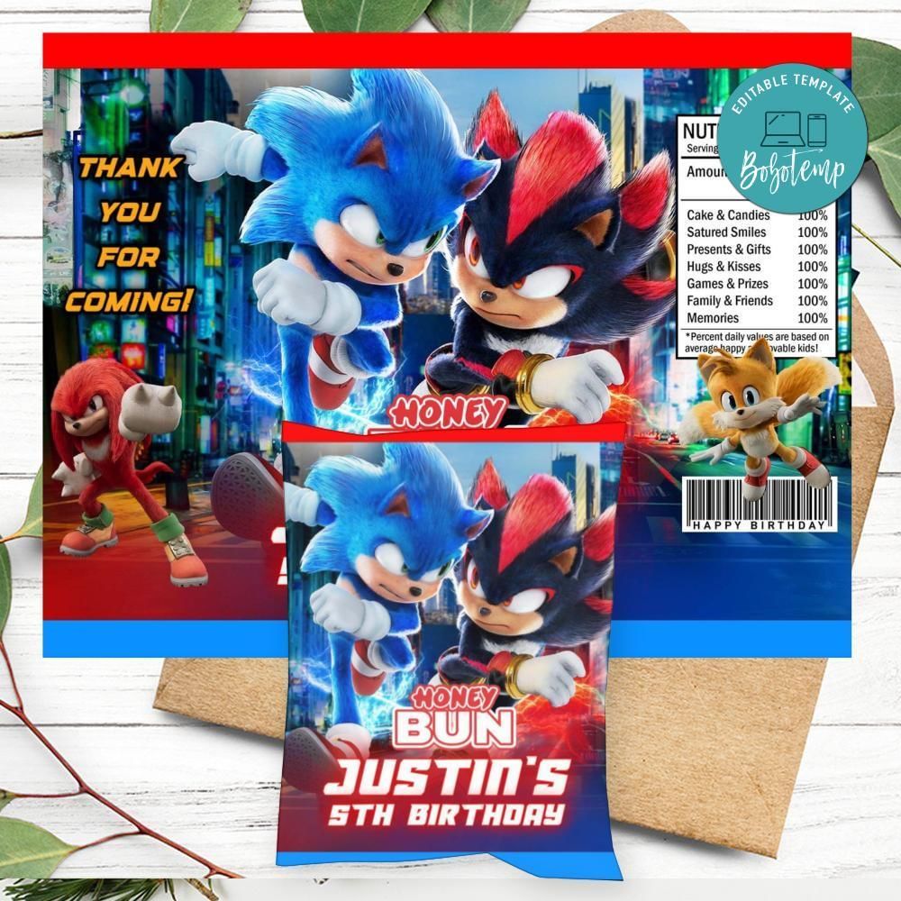 Sonic 3 Birthday Honey Buns Snack Bag Label Customizable Instant Download