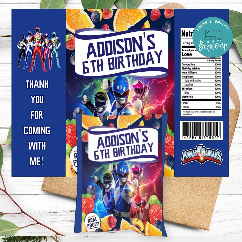 Power Rangers Birthday Party Fruit Snack Bag Digital File | Bobotemp