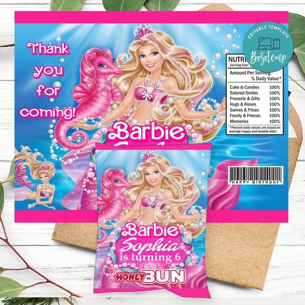 Sirena Barbie Birthday Honey Buns Snack Bag Label Customizable Instant Download