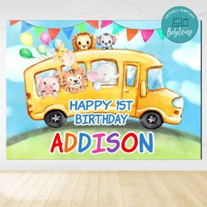 School Bus Animals Birthday Backdrop Digital File Template Instant Download