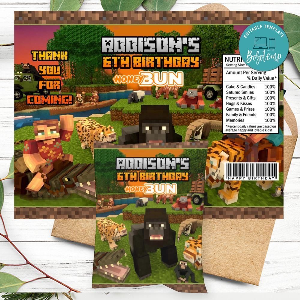 Jungle Minecrafter Birthday Honey Buns Snack Bag Label Customizable Instant Download