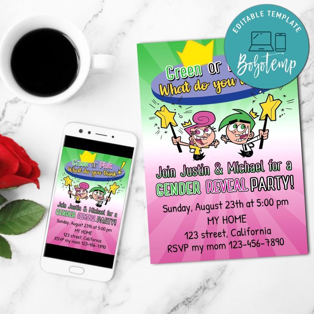 The Fairly Oddparents Gender Reveal Mobile Invite Customizable Template Instant Download