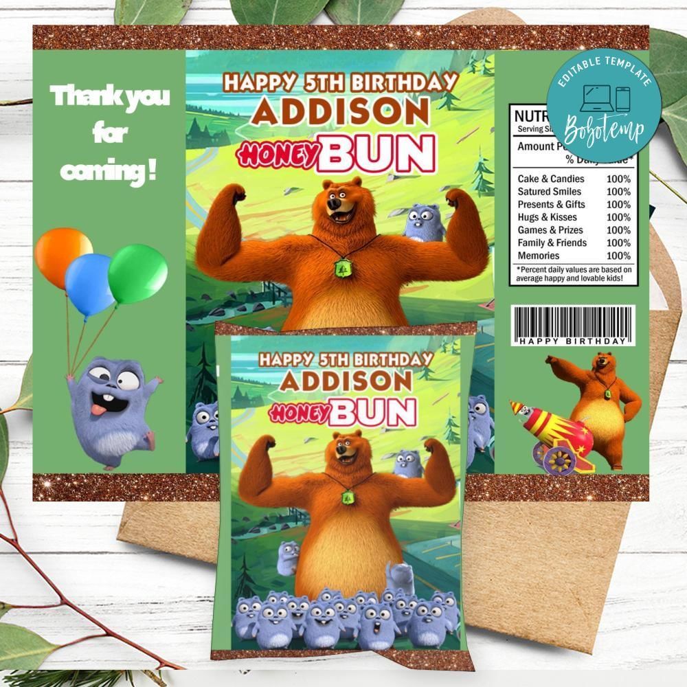 Grizzy And The Lemmings Birthday Honey Buns Snack Bag Label Customizable Instant Download