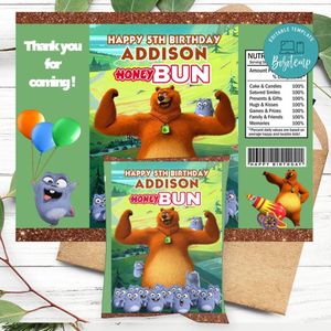 Grizzy And The Lemmings Birthday Honey Buns Snack Bag Label Customizable Instant Download
