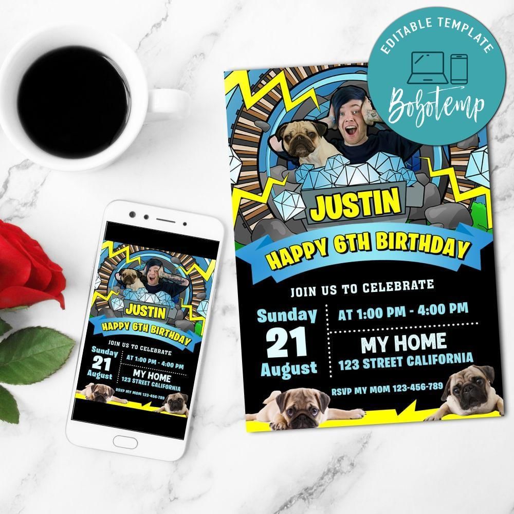 Dantdm And Pug Mobile Invite Customizable Template Instant Download