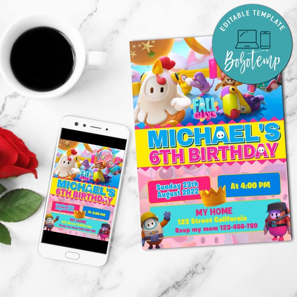 Fall Guys Birthday Mobile Invite Customizable Instant Download | Bobotemp