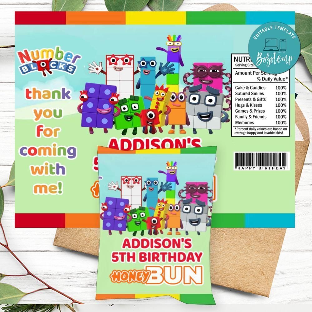 Numberblocks Birthday Honey Buns Snack Bag Label Customizable Instant Download