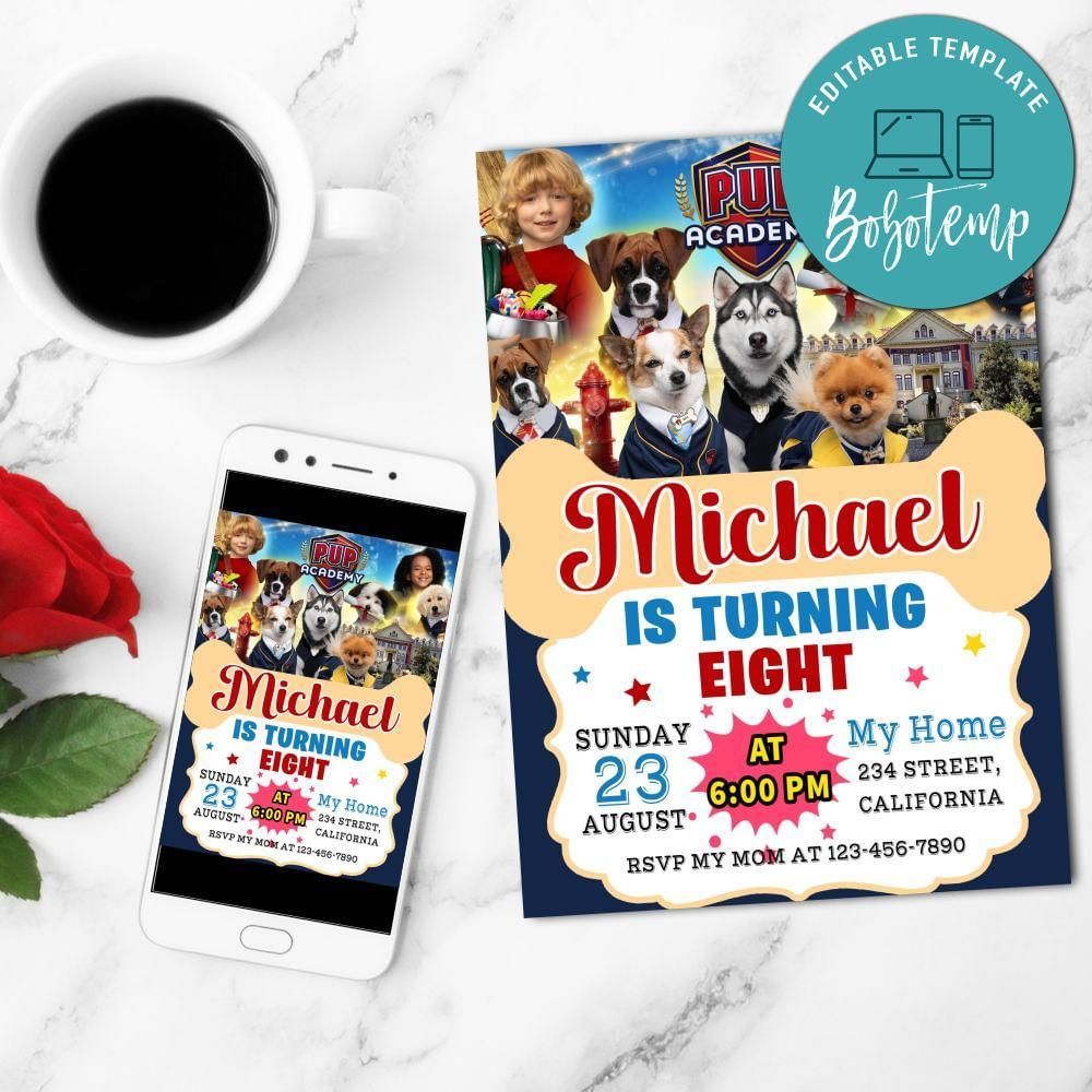 Pup Academy Birthday Mobile Invite Customizable Template Instant Download