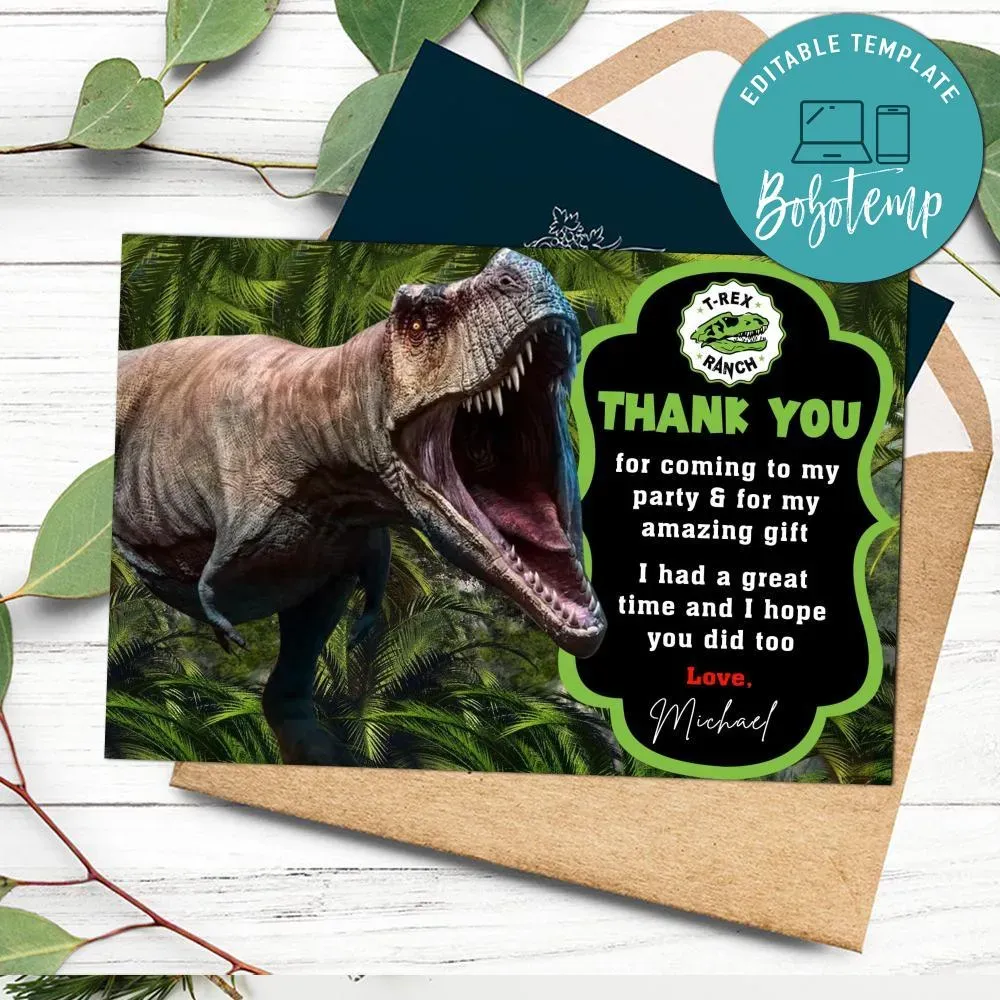 T-rex Ranch Thank You Card Customizable Template DIY | Bobotemp