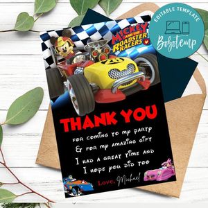 Mickey Roadster Racers Thank You Card Customizable Template To Print At Home Instant Download