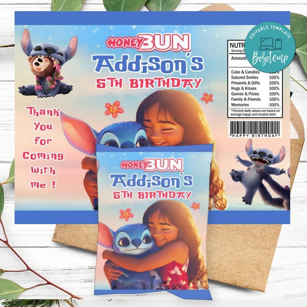 Lilo And Stitch 2025 Birthday Honey Buns Snack Bag Label Customizable Instant Download