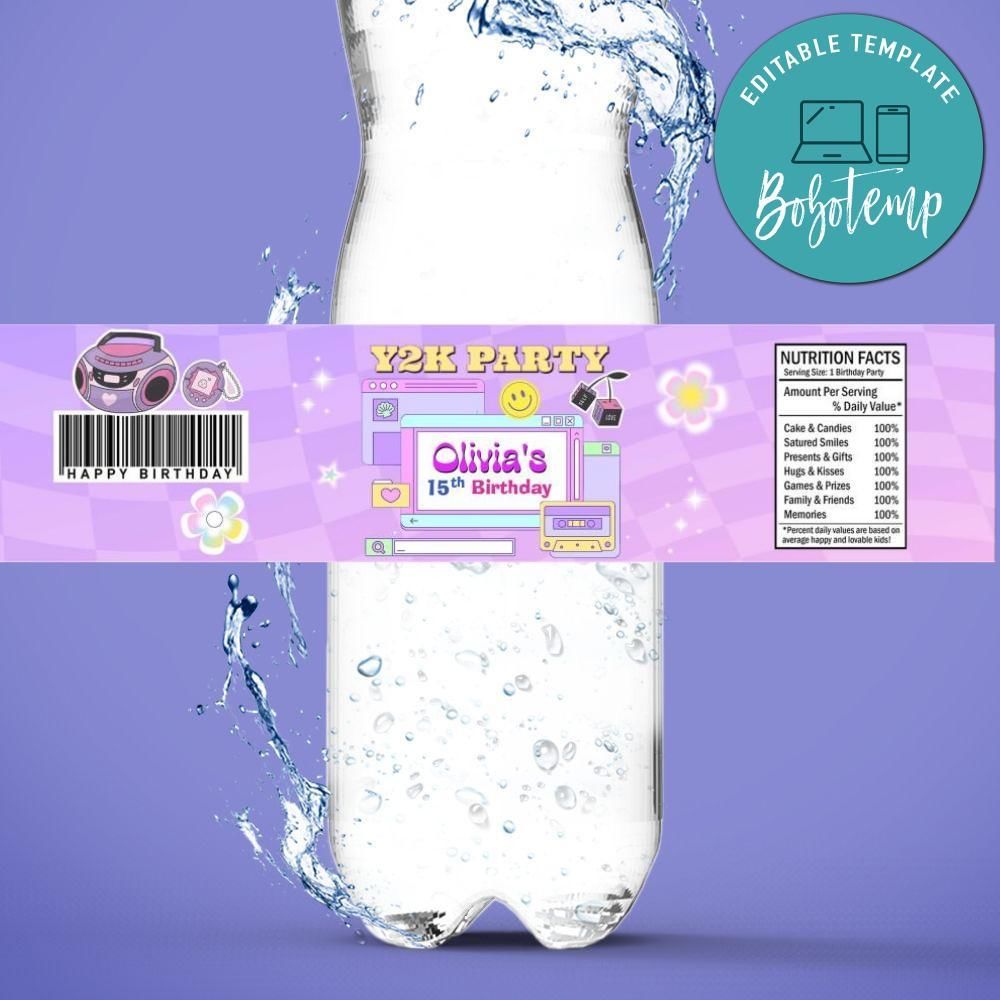 Y2k Birthday Water Bottle Label Template to Print at Home Instant Download