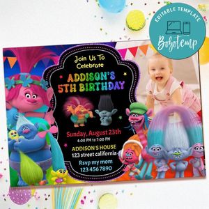Trolls Birthday Invitation with Photo Customizable Template to Print at Home Instant Download