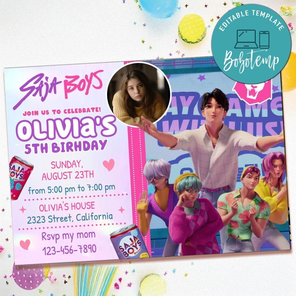 Saja Boys Birthday Invitation with Photo Customizable Template to Print at Home Instant Download