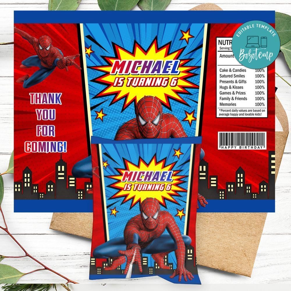 SpiderMan Birthday Chip Bag Label Customizable Instant Download
