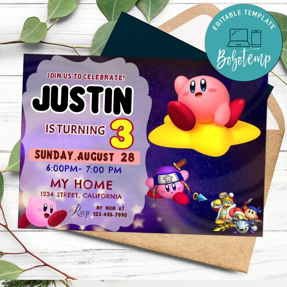 Kirby Invitation Customizable Template DIY | Bobotemp