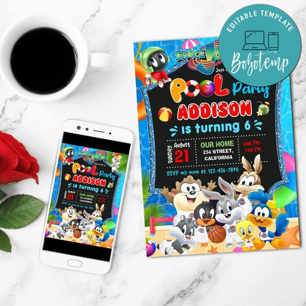 Baby Space Jam Pool Party Mobile Invite Customizable Template Instant Download