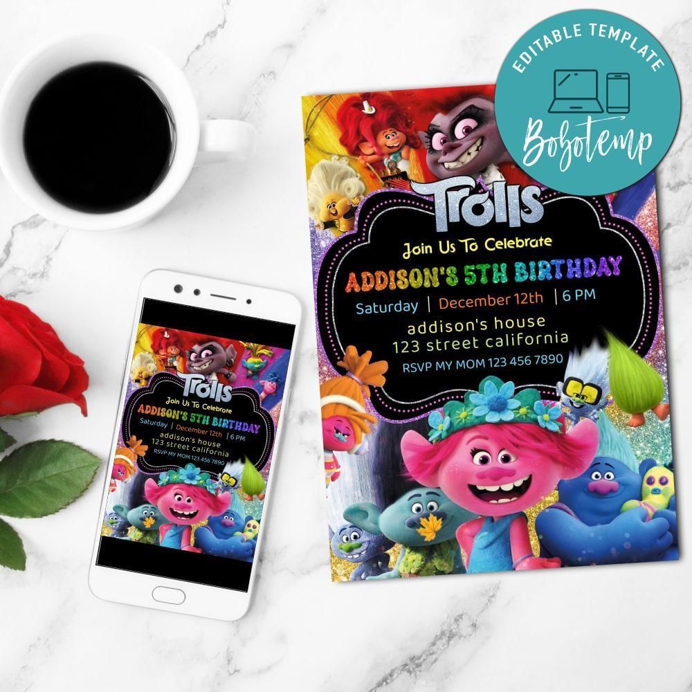 Trolls Invitation Customizable Template to Print at Home Instant Download