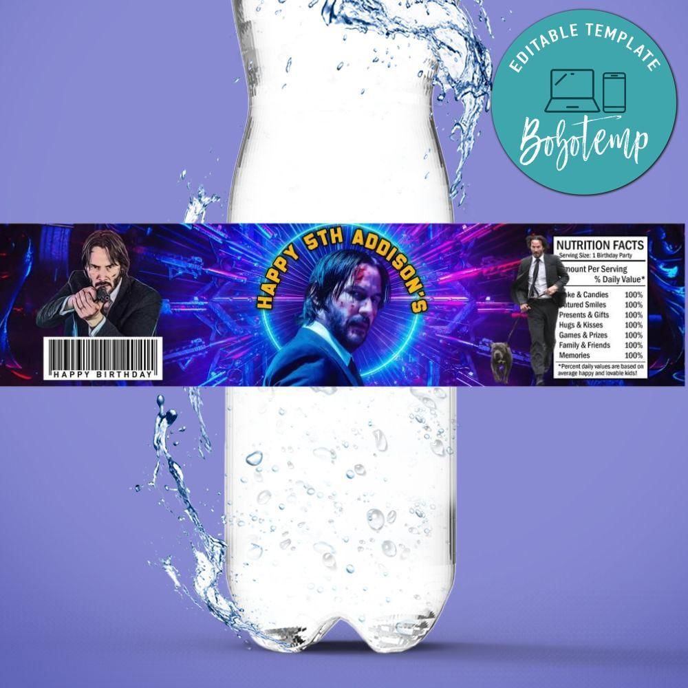 John wick Bottle Label Birthday Water Bottle Label Template to Print at Home Instant Download