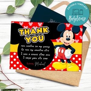 Mickey Mouse Thank You Card Customizable Template To Print At Home Instant Download