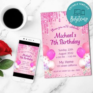 Shades of pink Birthday Flyer Customizable Template to Print at Home Instant Download
