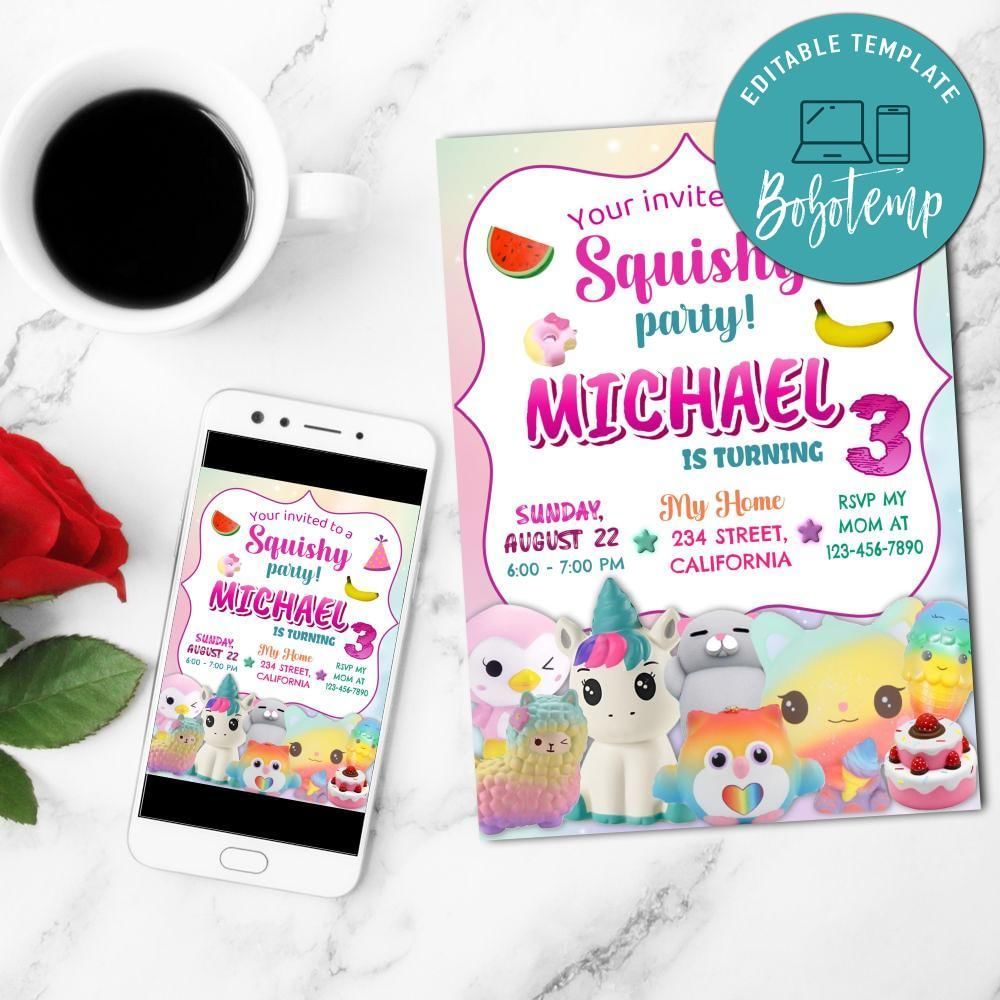 Squishy Party Mobile Invite Customizable Template Instant Download