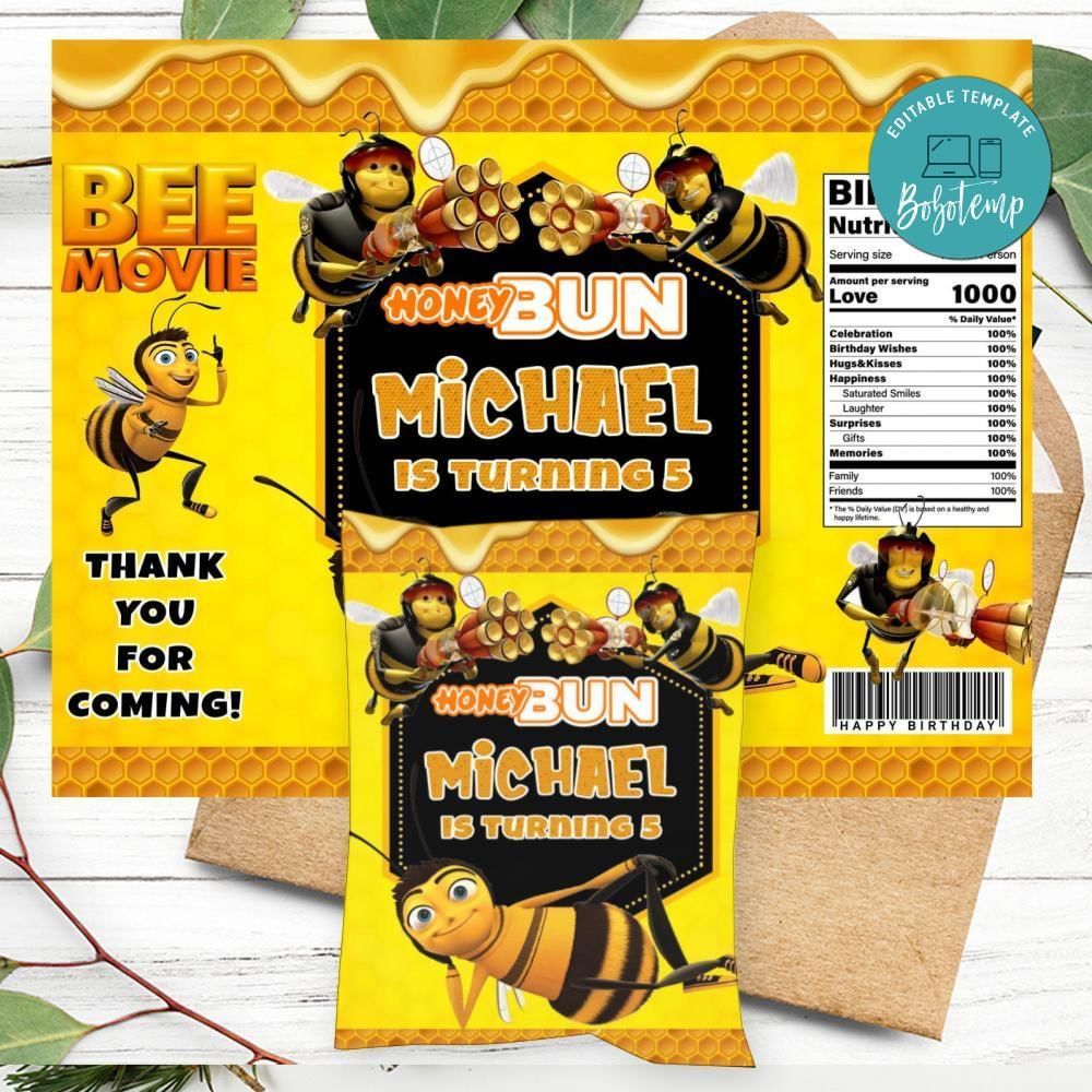 Bee Movie Birthday Honey Buns Snack Bag Label Customizable Instant Download