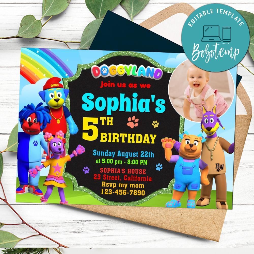 Doggyland Birthday Invitation with Photo Customizable Template to Print at Home Instant Download