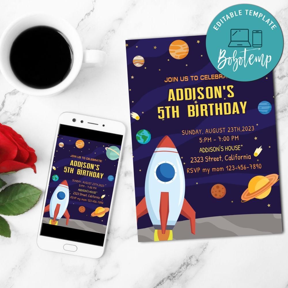 Space raket Party Invitation Customizable Template to Print at Home Instant Download