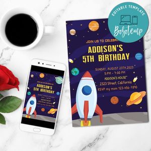 Space raket Party Invitation Customizable Template to Print at Home Instant Download