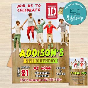 One Direction Invitation Template Free Thank You Card Printable