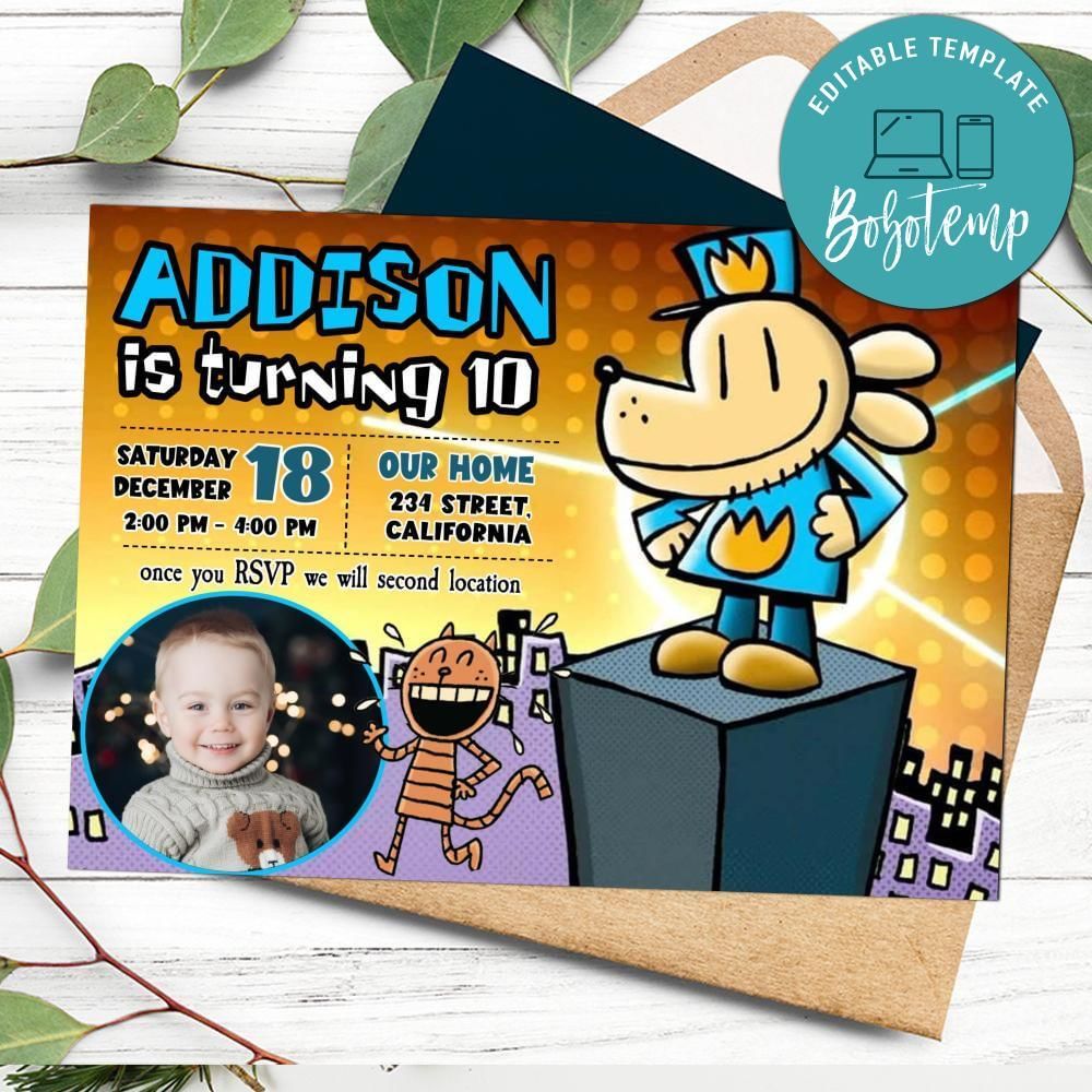 Dogman Birthday Invitation with Photo Customizable Template to Print at Home Instant Download