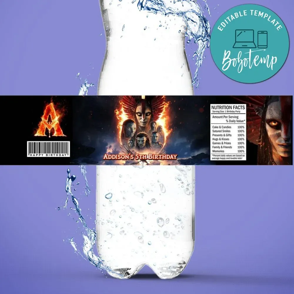 Avatar Fire and Ash Birthday Water Bottle Label Template | Bobotemp