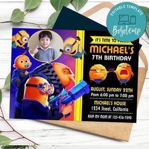 Despicable me 4 Birthday Invitation with Photo Customizable Template to Print at Home Instant Download
