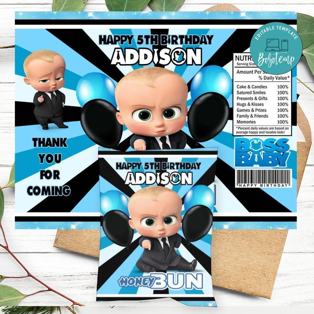 Boss Baby Birthday Honey Buns Snack Bag Label Customizable Instant Download