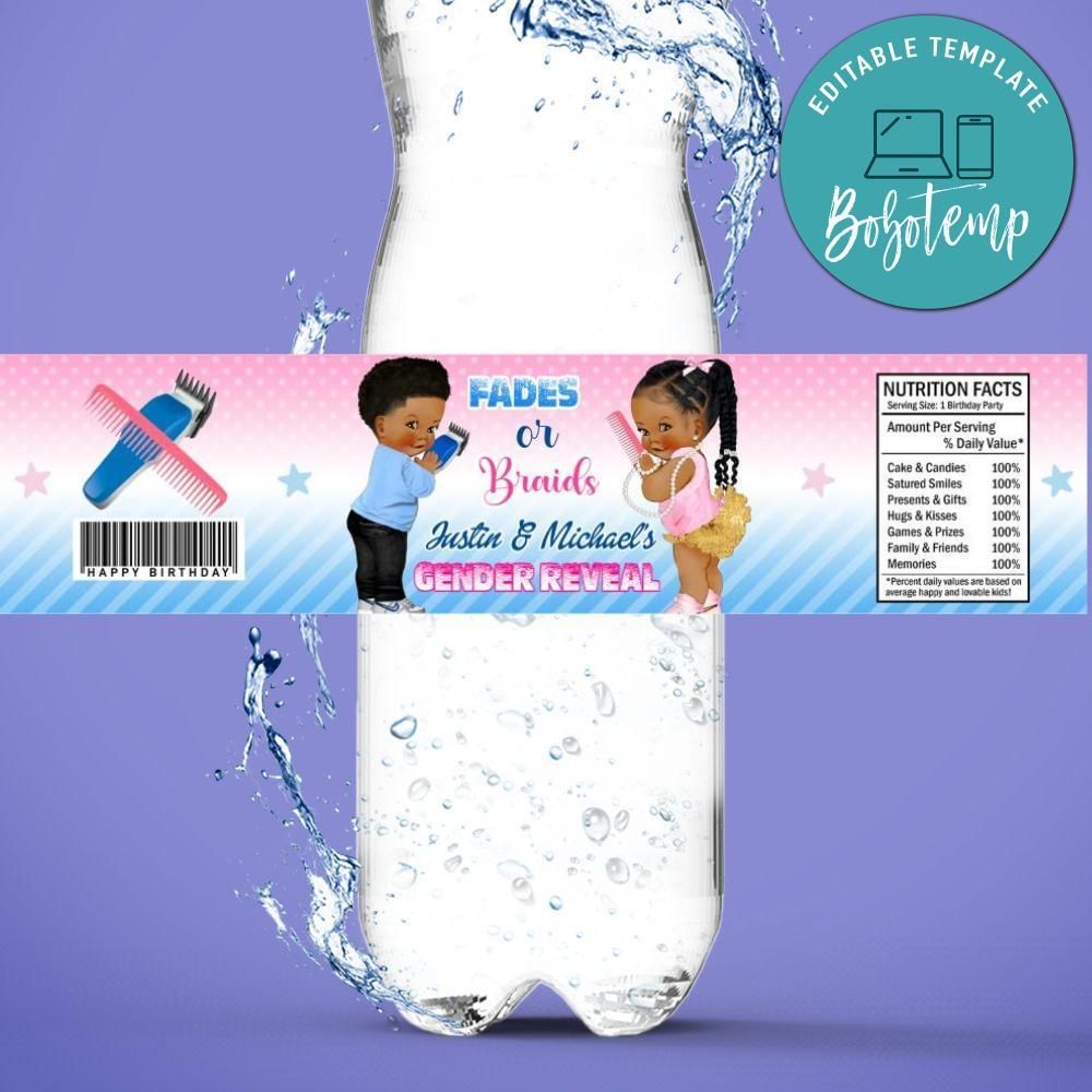 Fades or braids Gender Reveal Bottle Label Birthday Water Bottle Label Template to Print at Home Instant Download