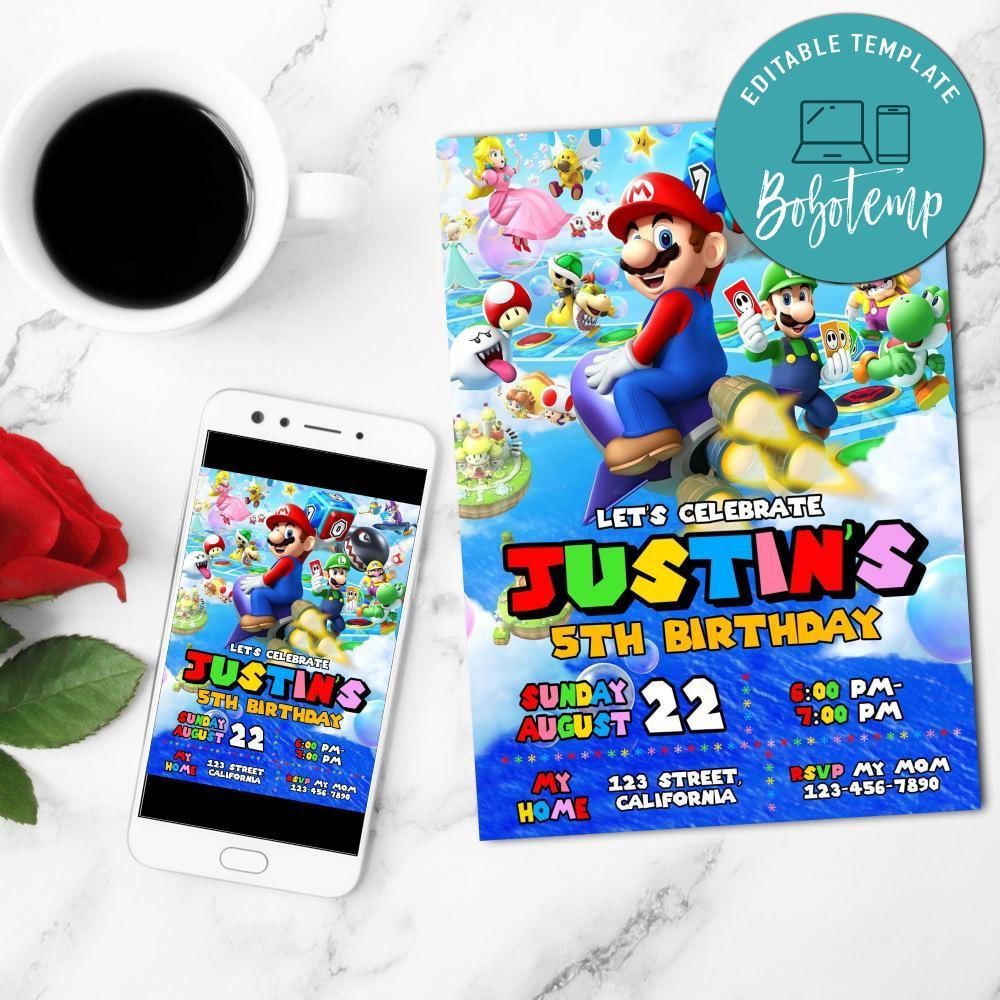 Super Mario 3d World Mobile Invite Customizable Template Instant Download