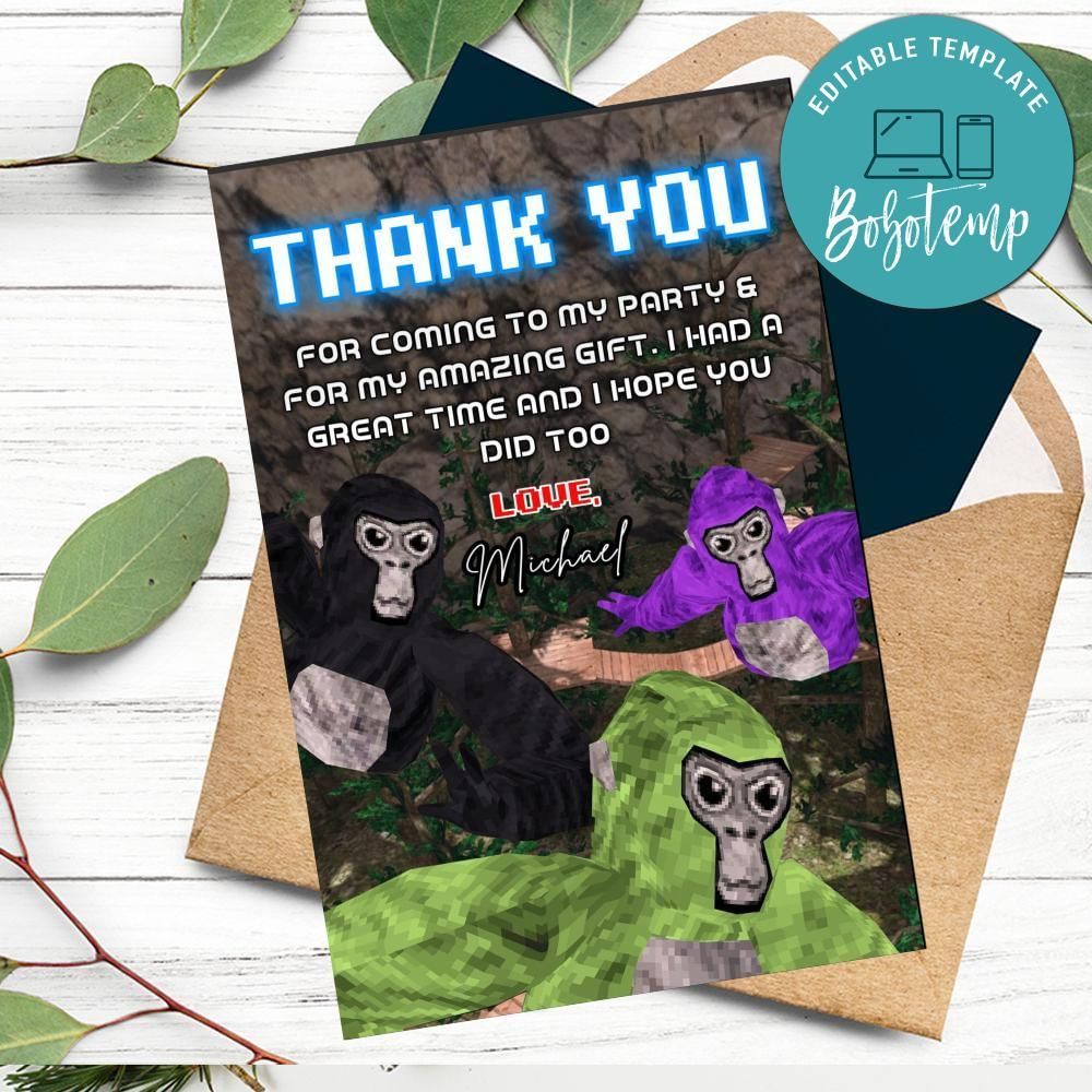Gorilla Tag Thank You Card Customizable Template To Print At Home Instant Download