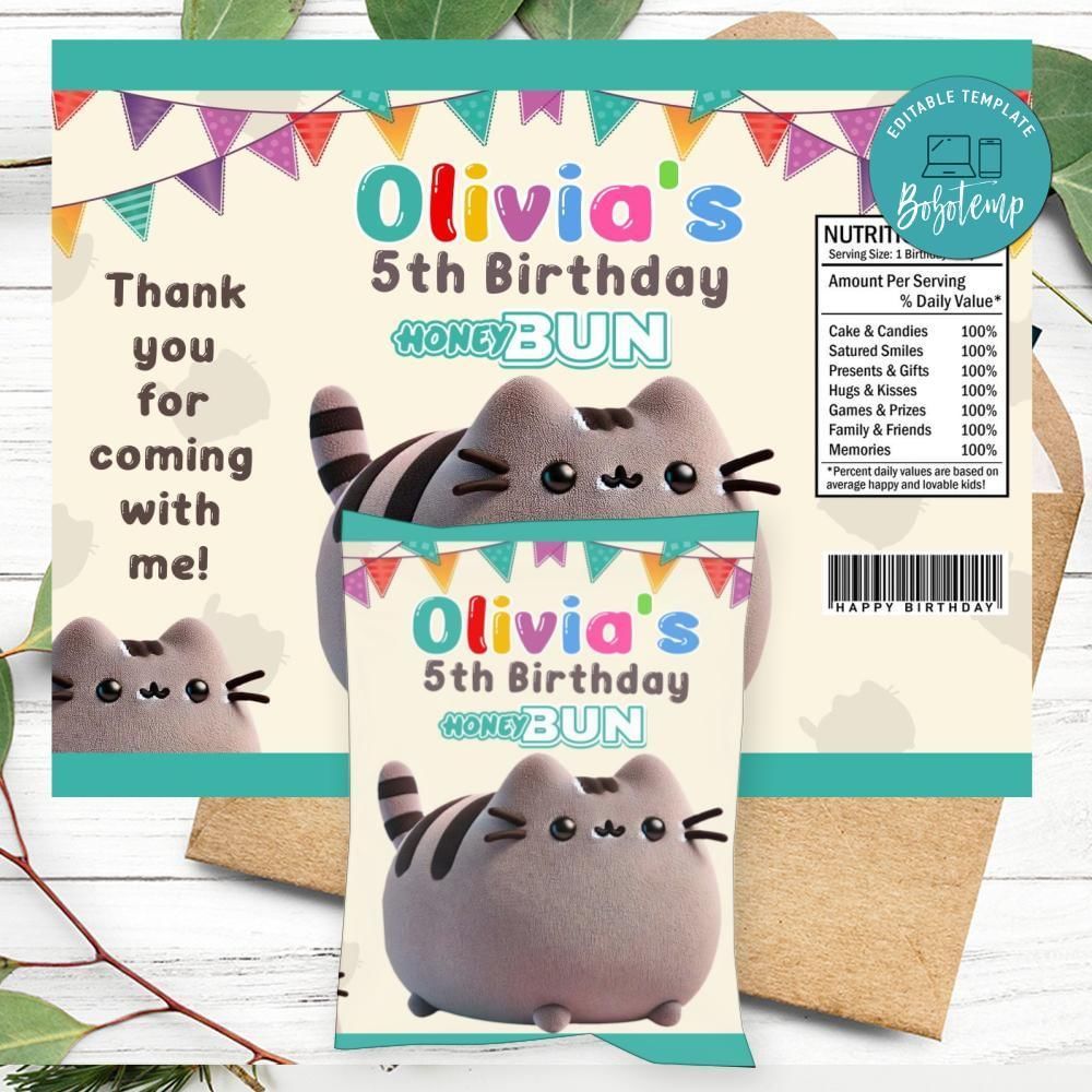 Pusheen Cat Birthday Honey Buns Snack Bag Label Customizable Instant Download