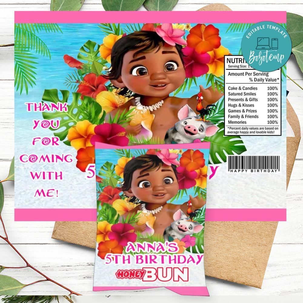Baby Moana Birthday Honey Buns Snack Bag Label Customizable Instant Download