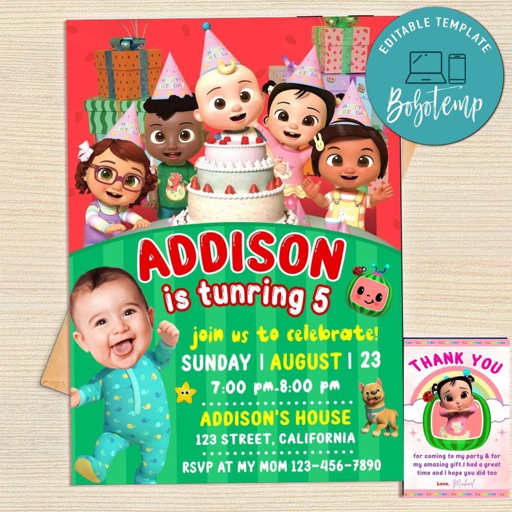 Cocomelon Invitation Template Free Thank You Card Printable