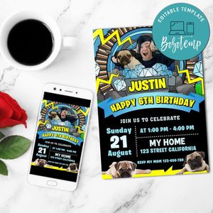 Dantdm And Pug Birthday Flyer Customizable Template to Print at Home Instant Download