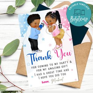 Fades Or Braids Gender Reveal Thank You Card Customizable Template To Print At Home Instant Download